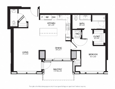 1 Bed 1.5 Bath Floor Plan at Two Lincoln Tower, Bellevue, 98004