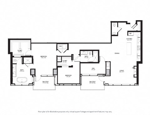 2 Bed 2.5 Bathroom Floor Plan at Two Lincoln Tower, Bellevue
