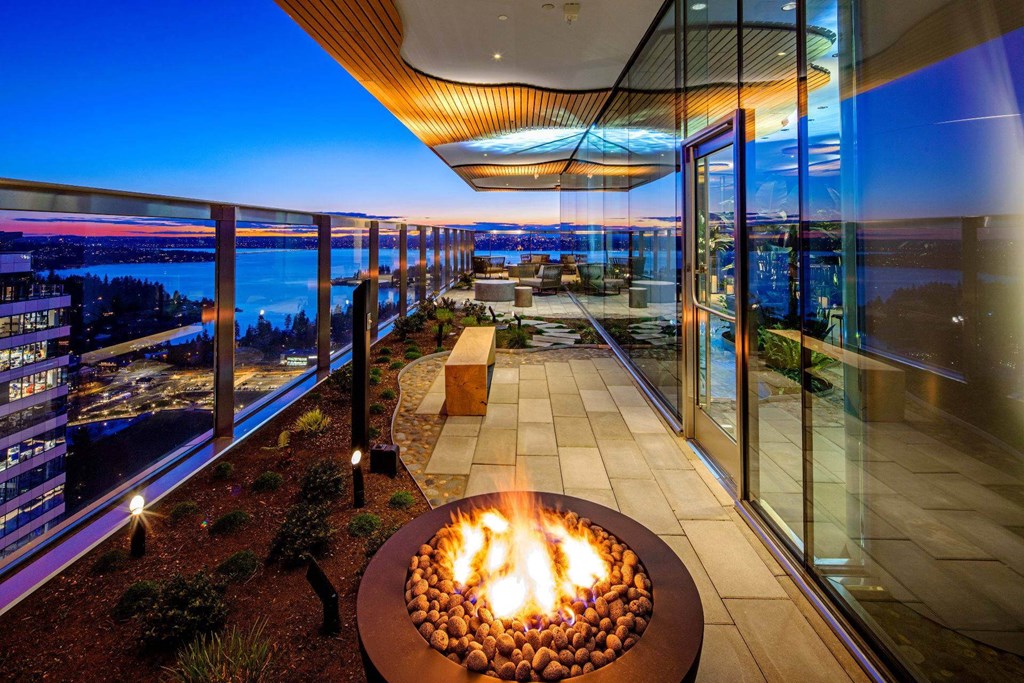 Services and Amenities- firepits on balcony at Two Lincoln Tower, Bellevue, WA