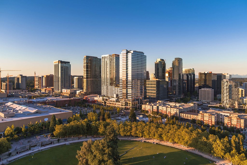 an aerial view of the city at sunset at Two Lincoln Tower, Bellevue, 98004