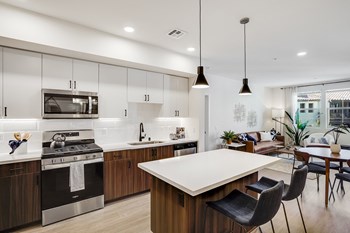 Modern Kitchen Open Layout View to Living Room Plan Wood Flooring Black Matte Pendant Lighting - Photo Gallery 6