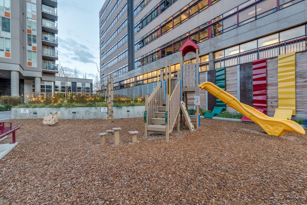 a playground in front of a building