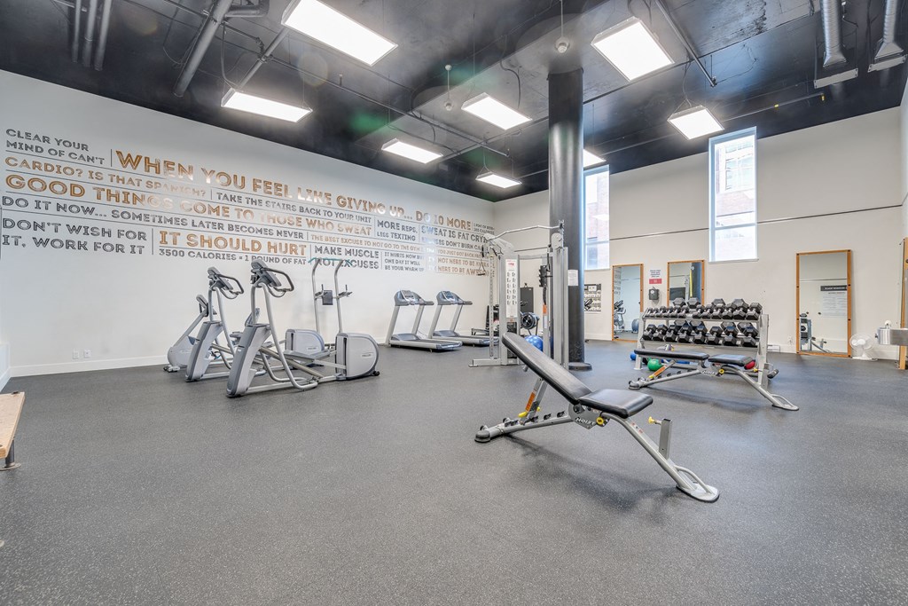 a large fitness room with treadmills and other exercise equipment
