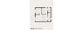 A floor plan of a house with a bedroom, bathroom, kitchen, dining room, and living room.