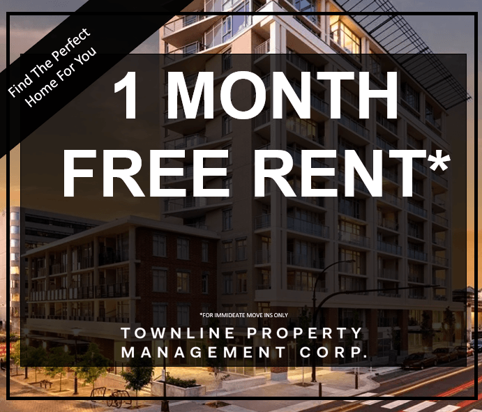 a free rent advertisement with a building in the background and the text 1 month
