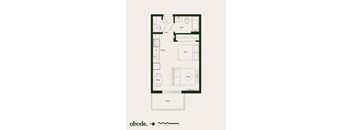 A floor plan of a house with a kitchen, living room, dining room, bathroom, and bedroom.