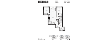 A black and white image of a floor plan for a property named Neighbour, Plan B3, with two bedrooms and two bathrooms.
