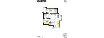 A floor plan of a property named Neighbour shows a layout with a balcony, two bedrooms, a kitchen, and a bathroom.
