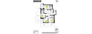 A black and white floor plan for a building named NEIGHBOUR shows the layout of rooms and their locations.