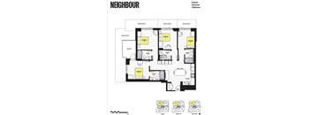 A floor plan for a building named Neighbour shows three bedrooms and a balcony.