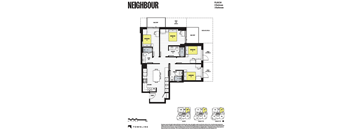 A floor plan for a property by NEIGHBOUR shows a 4 bedroom, 3 bathroom layout.