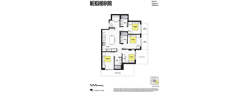A black and white floor plan for a building named NEIGHBOUR shows a layout with four bedrooms and three bathrooms.