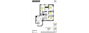 A floor plan for a property called Neighbour shows four bedrooms and three bathrooms.