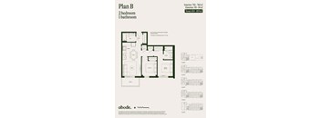 A floor plan for a two bedroom, one bathroom apartment is shown.