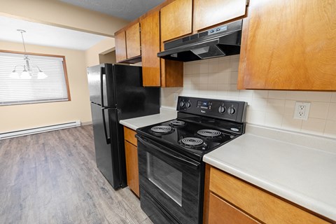A black refrigerator and stove in a kitchen with wooden cabinets.
