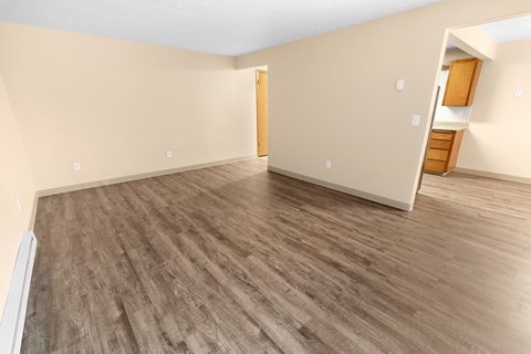 A room with wooden flooring and a door on the left.