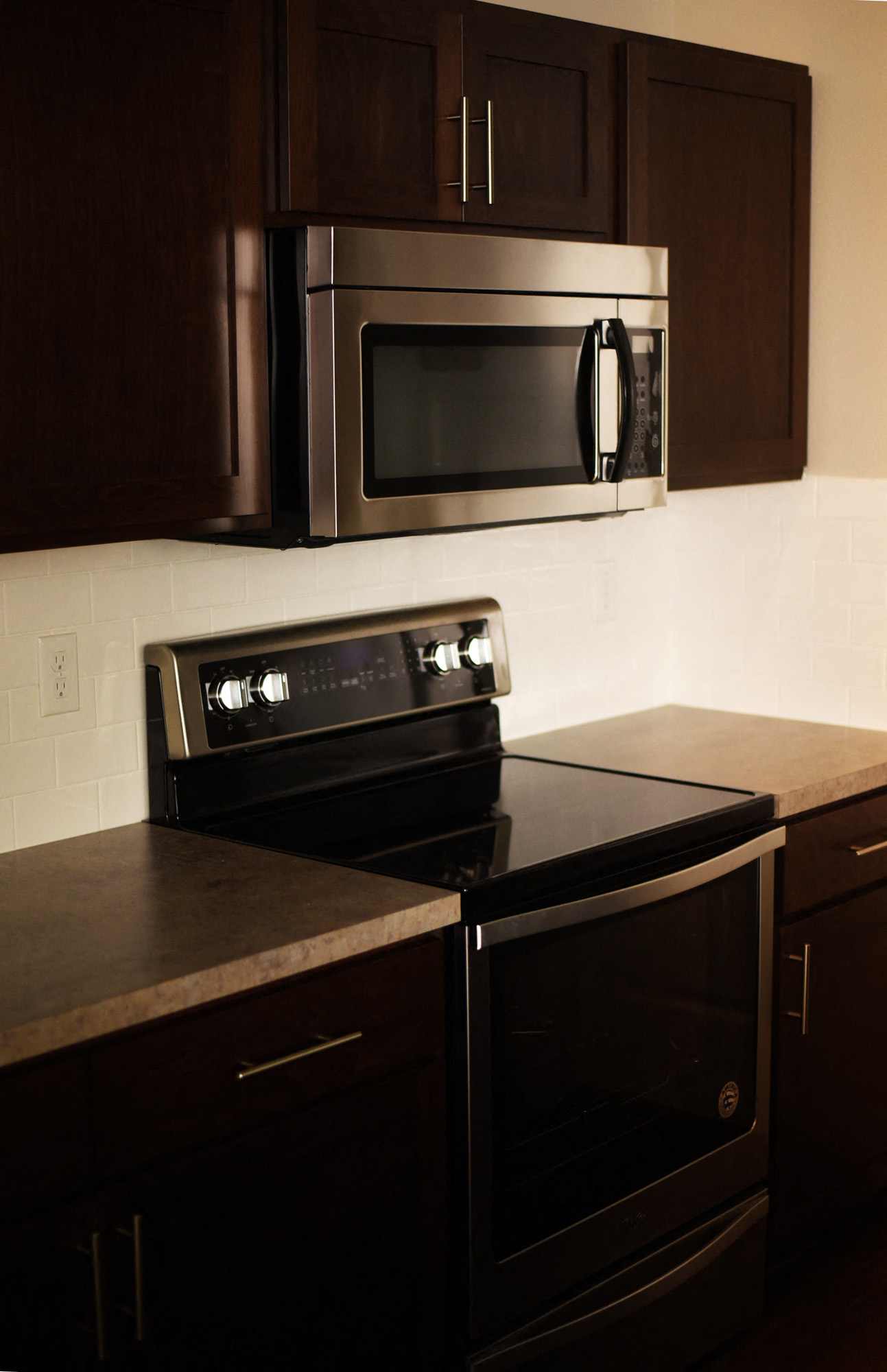 Kitchen With Black Appliances at The Brix Apartments, Washington, 99037