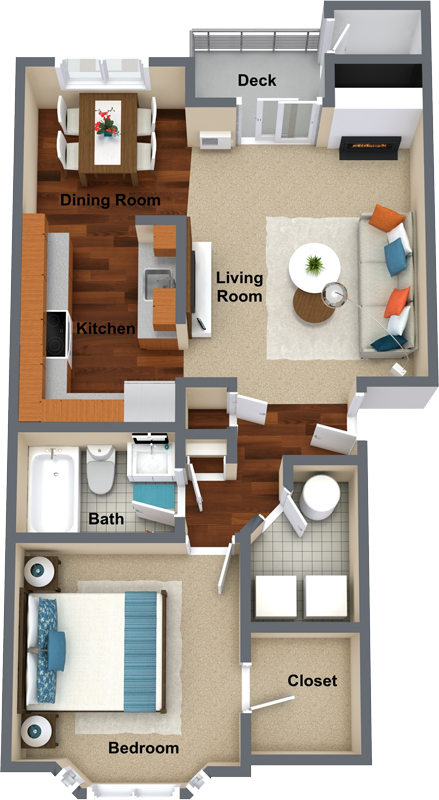 1 bedroom 1 bathroom floor plan B 764 Sq.Ft. at Graymayre Crossing Apartments, Spokane, WA
