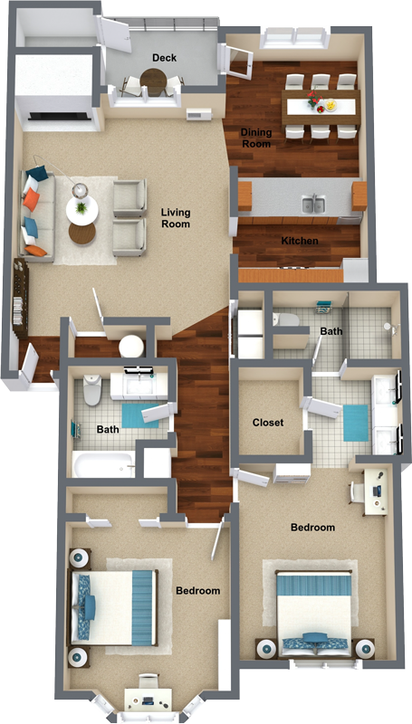 2 bedroom 2 bathroom floor plan B 1,161 Sq.Ft. at Graymayre Crossing Apartments, Spokane