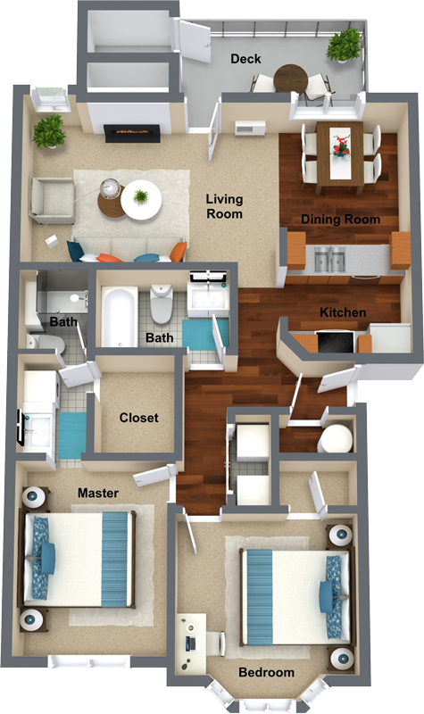 2 bedroom 2 bathroom floor plan E 1,029 Sq.Ft. at Graymayre Crossing Apartments, Spokane, WA, 99208