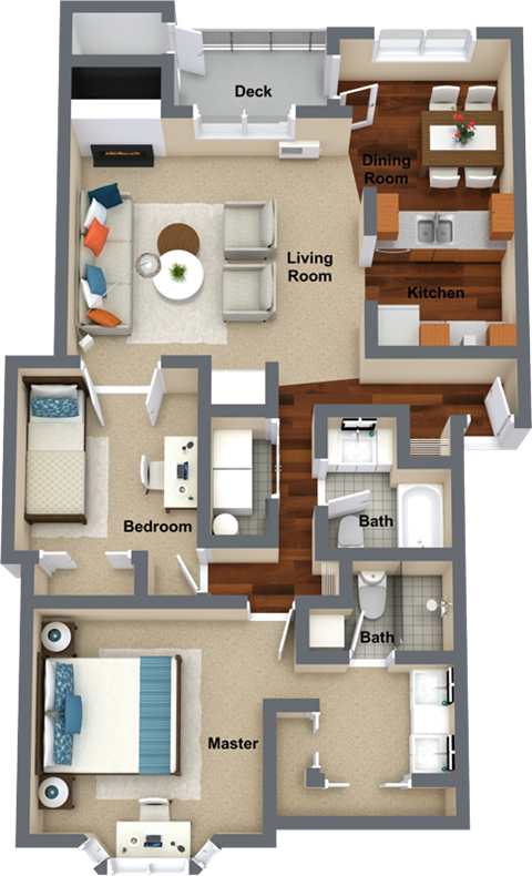 2 bedroom 2 bathroom floor plan D 1,239 Sq.Ft. at Graymayre Crossing Apartments, Washington, 99208