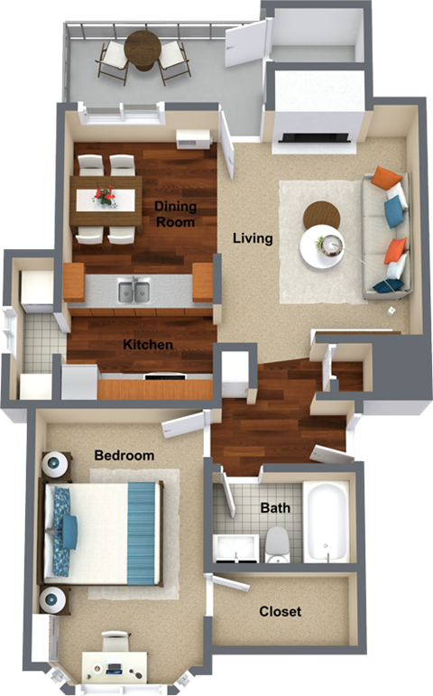 1 bedroom 1 bathroom floor plan A 727 Sq.Ft. at Graymayre Crossing Apartments, Spokane, WA, 99208