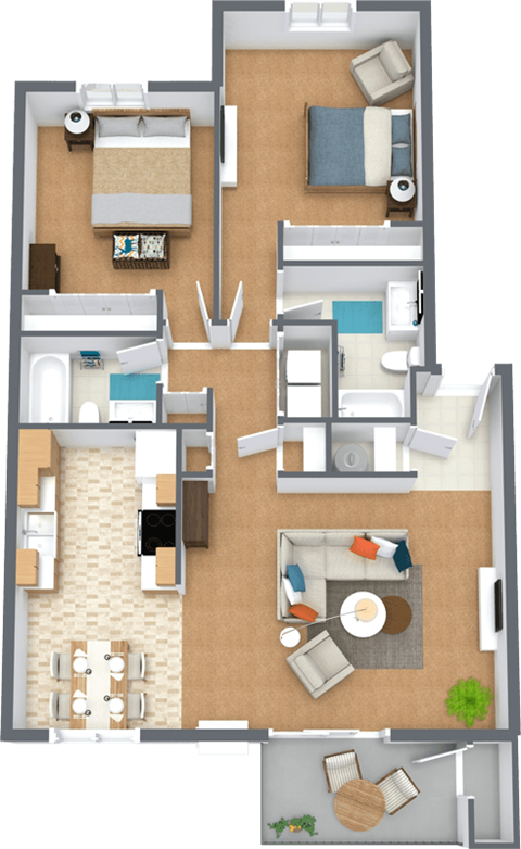 2 bedroom 2 bathroom floor plan 1,060 Sq.Ft. at Morning Glory Circle Apartments, Washington