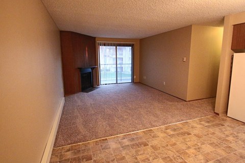 an empty living room with a fireplace and a sliding glass door