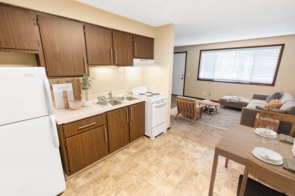 A kitchen with a refrigerator, sink, and dishwasher.