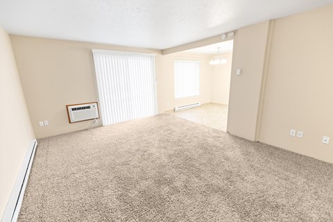 A spacious room with beige carpeting and a window with blinds.