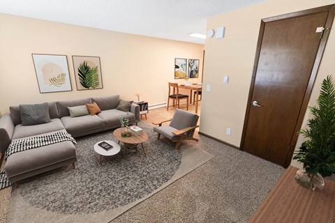 A living room with a grey sofa, a coffee table, and a wooden door.