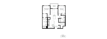 A black and white floor plan of a balcony apartment with a master bedroom, living room, kitchen, bathroom, and laundry room.
