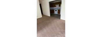 a kitchen and a living room with a carpeted floor