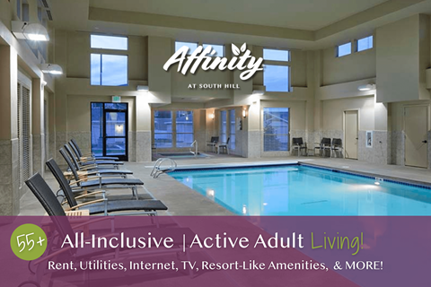 Affinity at South Hill offers all-inclusive active adult living with amenities like a pool.