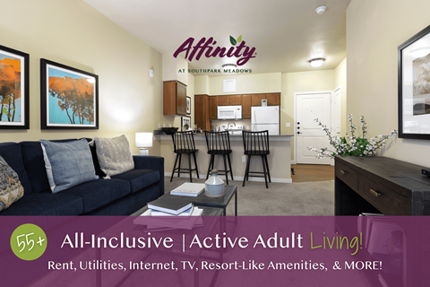 A living room with a couch, chairs, and a coffee table with a sign that says "Affinity at Southpark Meadows".