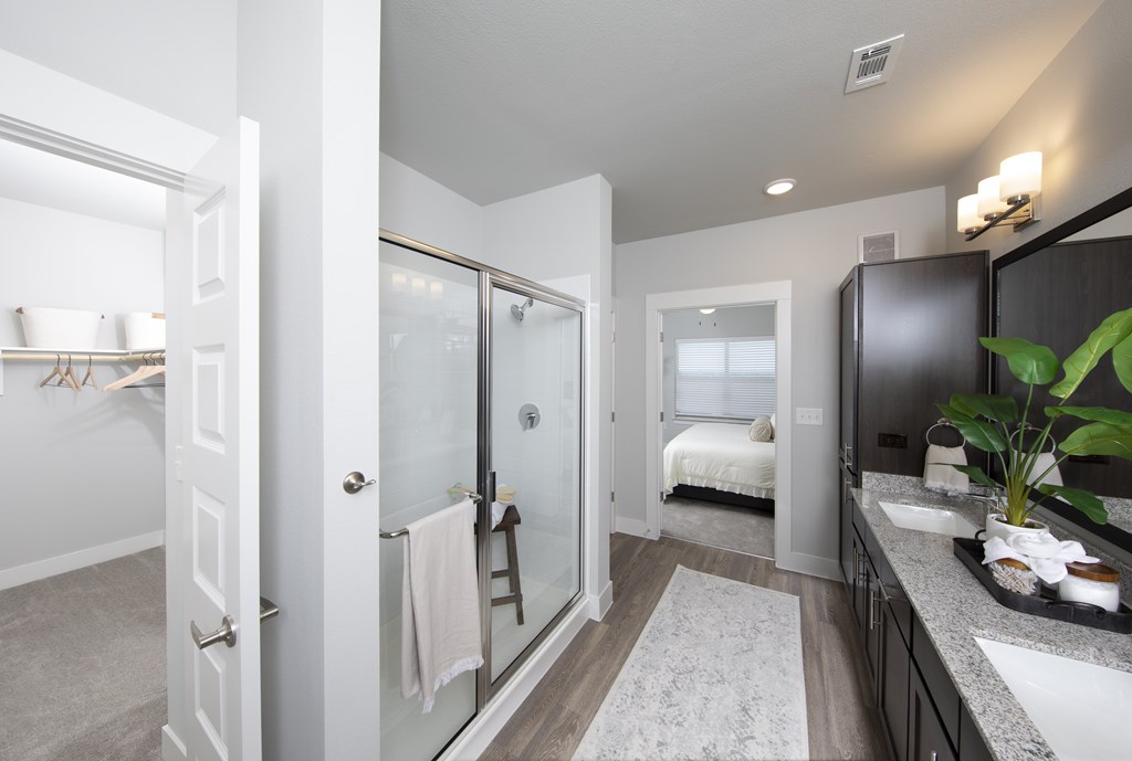 A bathroom with a walk-in shower and a bedroom in the background.
