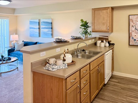 A kitchen with wooden cabinets and a white dishwasher.