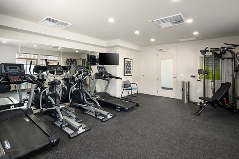 A spacious gym with treadmills, elliptical machines, and other exercise equipment.