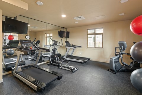 A gym with treadmills, exercise balls, and other equipment.