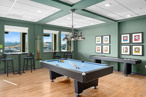 A pool table is in the middle of a room with a bar and a view of the water.