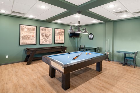 A pool table in a room with green walls and wooden flooring.