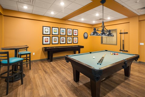 A pool table with a green cloth and a pool cue on it.