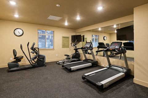 A gym with treadmills, elliptical machines, and a clock on the wall.