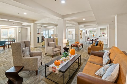 A living room with a brown couch and a table with pumpkins on it.