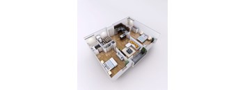 A 3D rendered image of a modern apartment layout.
