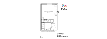 A drawing of a studio apartment layout with a living room and kitchen area.