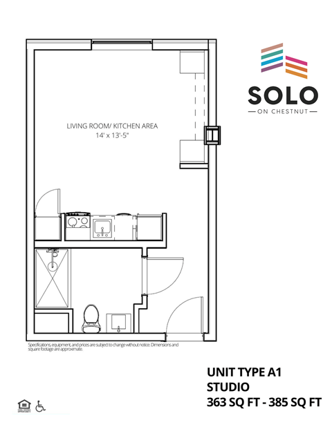 A drawing of a studio apartment layout with a living room and kitchen area.