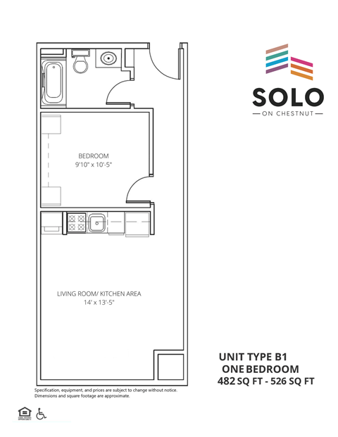A floor plan for a one bedroom apartment measuring 482 square feet.