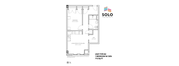 A floor plan for a 1 bedroom apartment with den is shown.