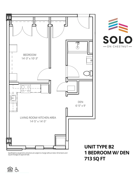 A floor plan for a 1 bedroom apartment with den is shown.